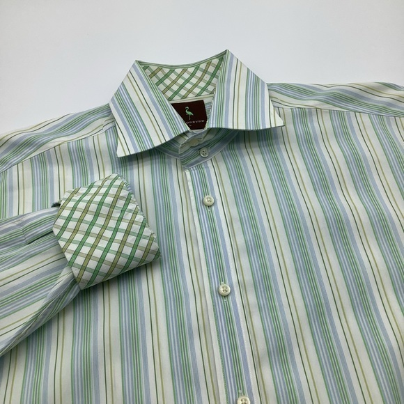 Tailorbyrd Mens Long Sleeve Button Up Shirt Green Blue Yellow‎ Striped Sz L - Picture 1 of 4